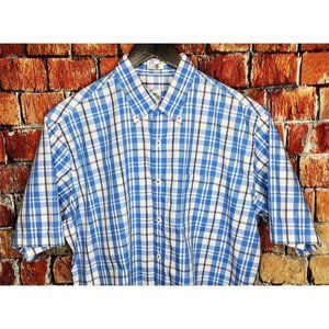 Peter Millar Men’s Short Sleeve Button Front Large Blue White Plaid Cotton Shirt